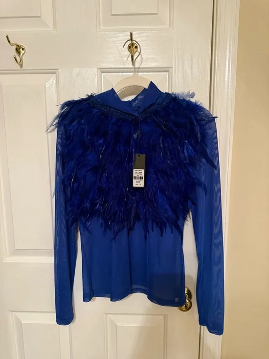 Royal Blue Feather-Trim Mesh Top - Picture 1 of 8